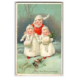 Vintage 1915 Christmas Postcard with Children Mugg Hand Warmers & Birds Embossed